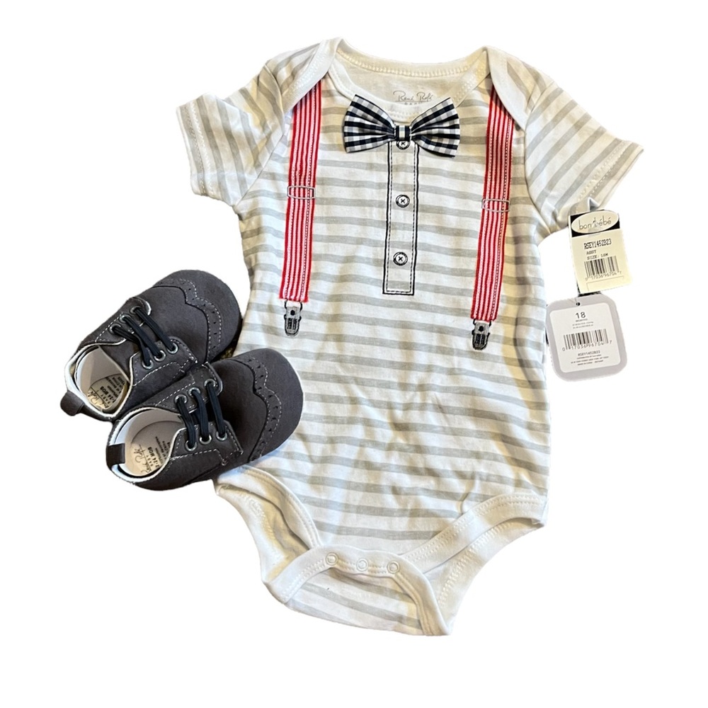 NWT Rene Rofe Baby Suspenders/Bow Tie Onesie with shoes